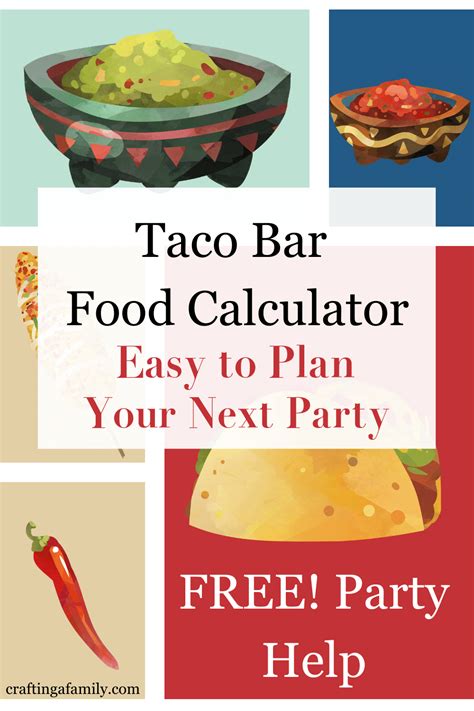Taco bar calculator - Dec 10, 2021 - Taco Bar Calculator, plan the perfect taco bar party for birthdays, graduation, family reunion, Mother's or Father's day family party. Explore. Event Planning. Visit. Save. From . craftingafamily.com. Taco Bar Calculator.
